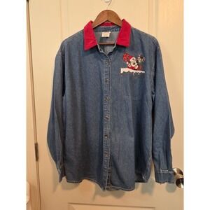 Vintage Nutcracker Christmas Denim Chambray Pocketed Shirt Teddy Bear Chimney